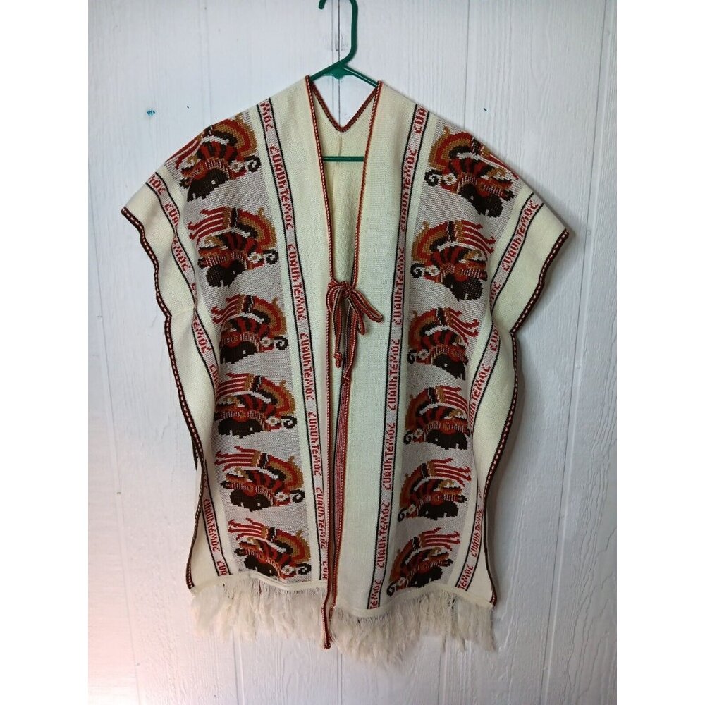 Vtg 1970s Knit Cuauhtemoc Poncho Cream One Size Tribal Boho Fringed Tie Front - Picture 1 of 7